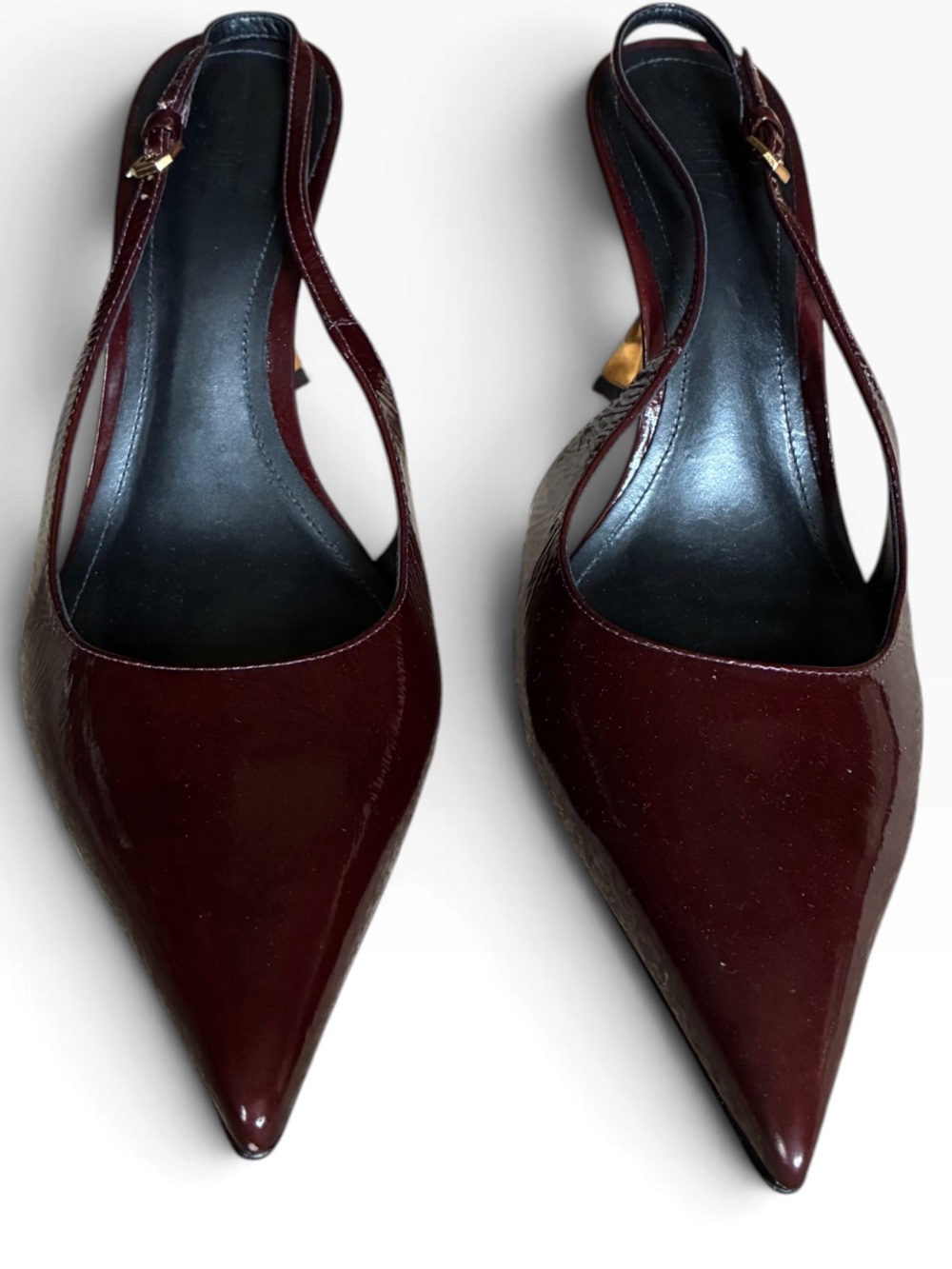 Schutz Elisha Burgundy Maplewood Patent Leather Slingback Pumps Gold Heels 10.5 - Picture 8 of 15